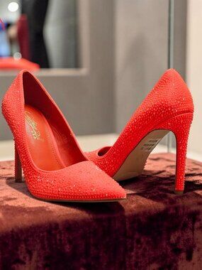 Crystal-Embellished Orange High Heels For Women Pointed Toe Stiletto Heel Elegan